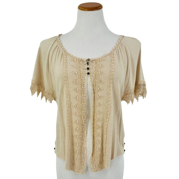 Free People Tan Short Sleeve Crochet Detail & Partial Button Front Cardigan - Picture 1 of 8
